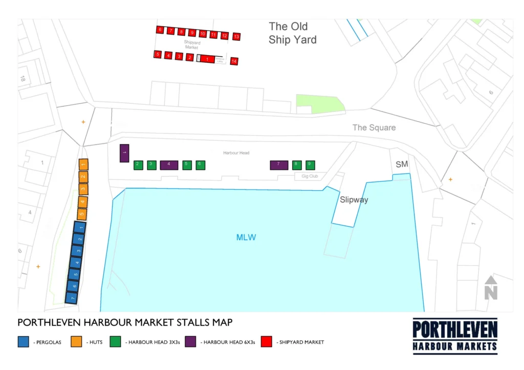 A map of porthleven harbour showing the market pitches
